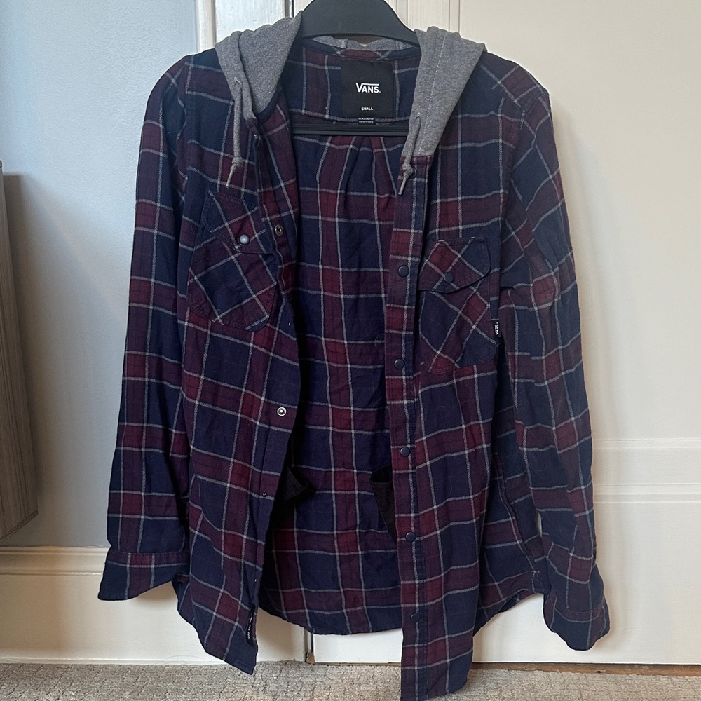 Vans Navy and Burgundy Plaid Shirt with Gray Hood